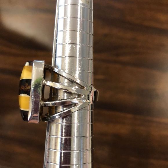 ARTISAN Sterling Silver Striped Bezel Set Maple & Honey Colored Amber Ring Sz 7 - Picture 7 of 10